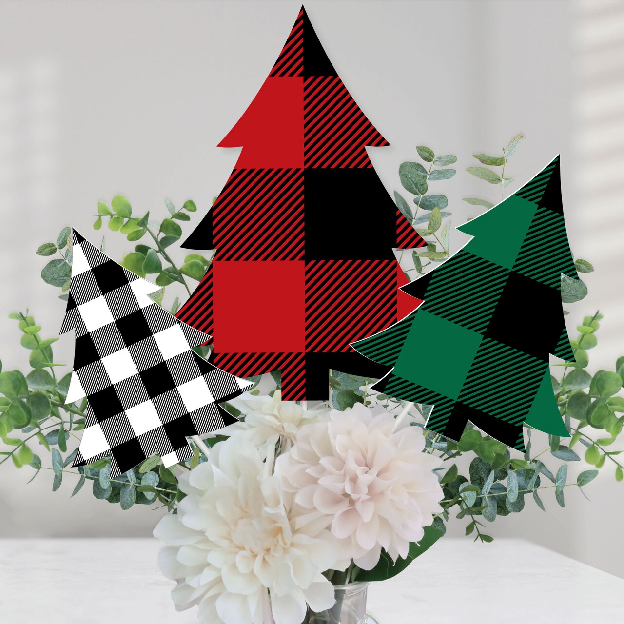 Big Dot of Happiness Holiday Plaid Trees - Buffalo Plaid Christmas Party Centerpiece Sticks - Table Toppers - Set of 15
